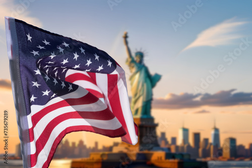 Flag of America and Statue of Liberty in New York