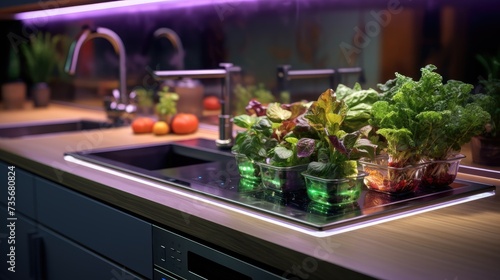 Smart kitchen countertops with built in herb gardens, solid color background