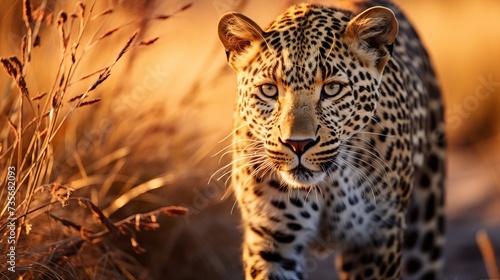 Africa wildlife. Guard leopard, Panthera pardus shortidgei, nature habitat, big wild cat in the nature habitat, sunny day on the savannah, Okavango delta Botswana. Wildlife nature © Elchin Abilov