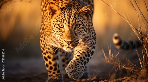 Africa wildlife. Guard leopard, Panthera pardus shortidgei, nature habitat, big wild cat in the nature habitat, sunny day on the savannah, Okavango delta Botswana. Wildlife nature