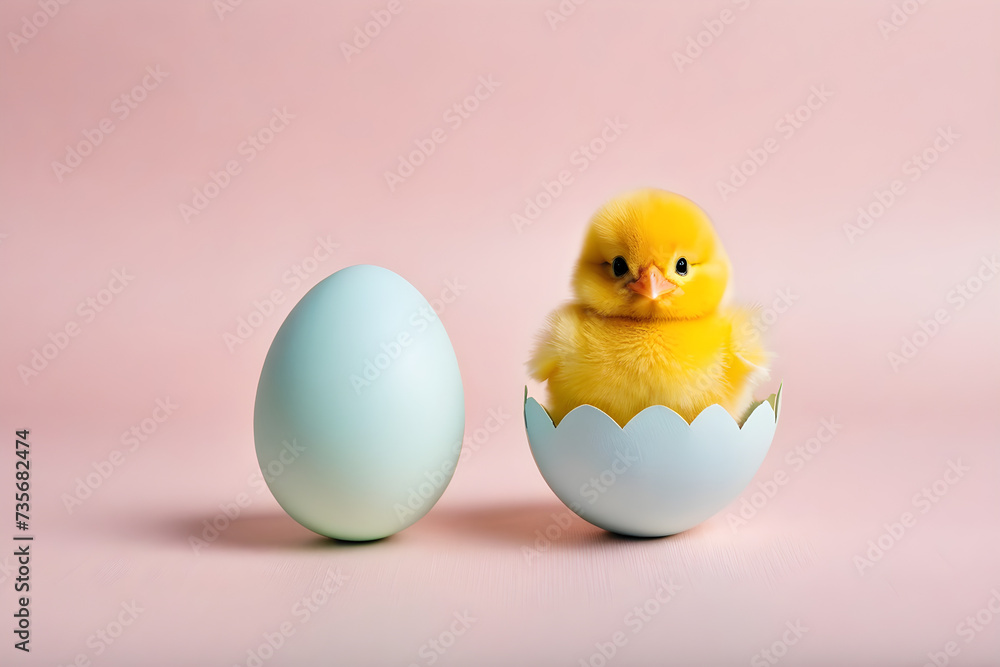 Easter, a chick in a half-broken eggshell. Generative AI Easter, a chick in a half-broken eggshell. Generative AI
