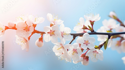 Beautiful floral spring abstract background of nature. Branches of blossoming apricot macro with soft focus on gentle light blue sky background. For easter and spring greeting cards with copy space