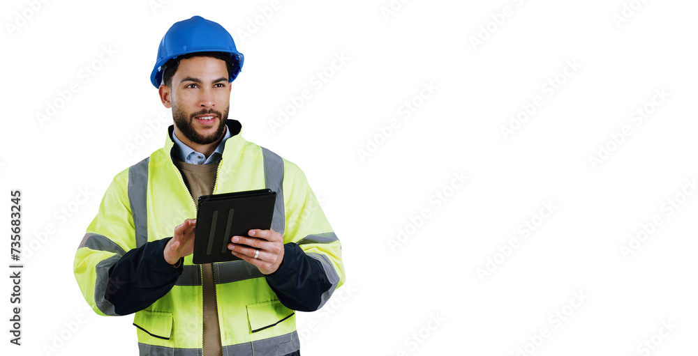 Man, construction worker and thinking with tablet for architect project, contractor or decision. Male person, hard hat and renovation app or isolated transparent png background, career or internet Man, construction worker and thinking with tablet for architect project, contractor or decision. Male person, hard hat and renovation app or isolated transparent png background, career or internet