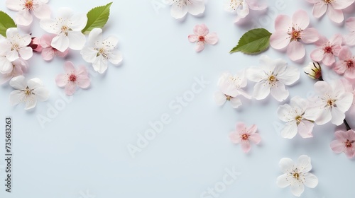 Beauty background with facial cosmetic products, leaves and cherry blossom on pastel blue desktop background. Modern spring skin care layout, top view, flat lay.
