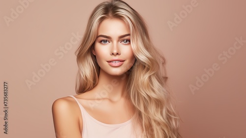 Beauty portrait of blonde hair smiling young woman isolated on beige background