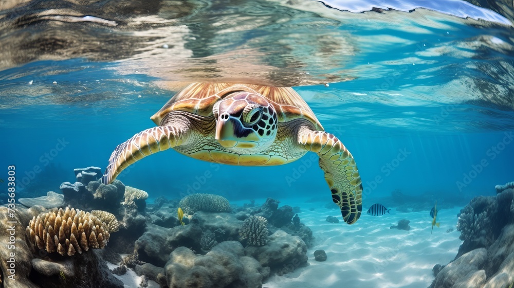 Obraz premium Collage of underwater world with sea turtle family swimming in the depth