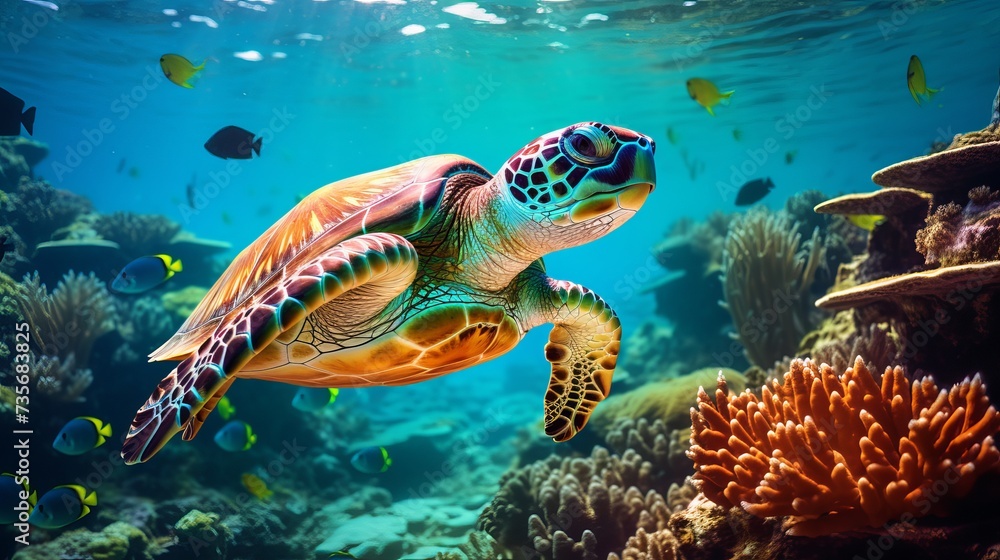 Collage of underwater world with sea turtle family swimming in the depth Collage of underwater world with sea turtle family swimming in the depth