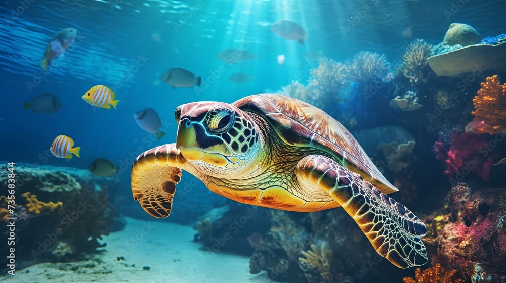 Collage of underwater world with sea turtle family swimming in the depth Collage of underwater world with sea turtle family swimming in the depth