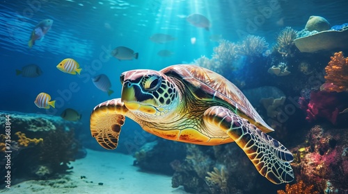 Collage of underwater world with sea turtle family swimming in the depth © Elchin Abilov