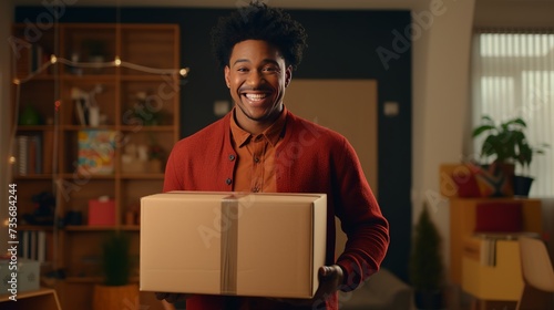 Excited african man customer receive good parcel open cardboard box at home satisfied with great purchase, happy black male consumer unpack package look inside overjoyed by postal shipping delivery © Elchin Abilov