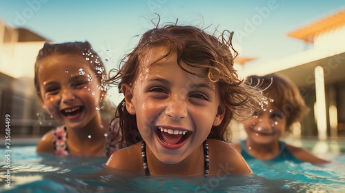 Group of friends in swimsuit enjoy in a swimming pool © Elchin Abilov