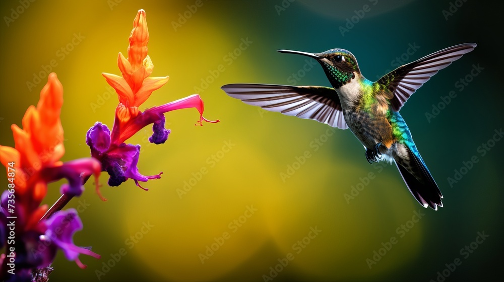 Fototapeta premium Hummingbird Green Violet-ear, Colibri thalassinus, bird flying next to beautiful ping orange and yellow flower in natural habitat, bird from mountain tropical forest, Savegre, Costa Rica