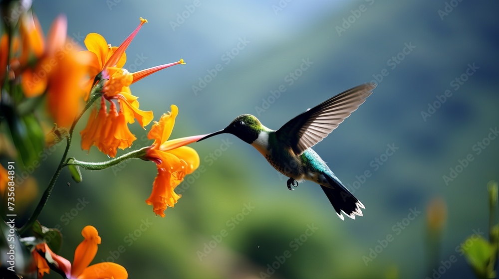 Fototapeta premium Hummingbird Green Violet-ear, Colibri thalassinus, bird flying next to beautiful ping orange and yellow flower in natural habitat, bird from mountain tropical forest, Savegre, Costa Rica