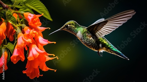Hummingbird Green Violet-ear, Colibri thalassinus, bird flying next to beautiful ping orange and yellow flower in natural habitat, bird from mountain tropical forest, Savegre, Costa Rica photo