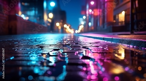 Multi-colored neon lights on a dark city street, reflection of neon light in puddles and water. Abstract night background, blurred bokeh light. Night view