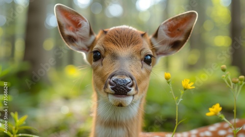 close up of a deer in the woods, spring, summer time