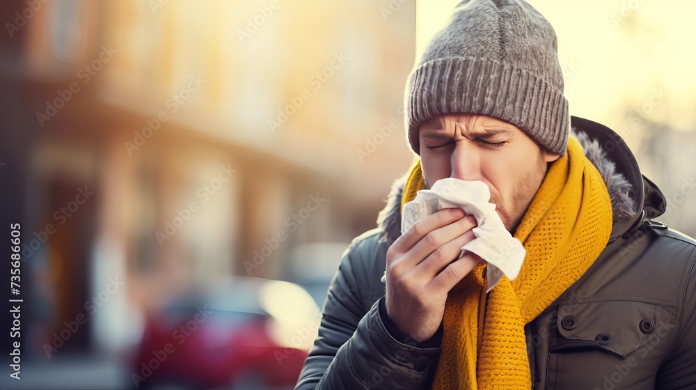 Portrait of sick handsome man wearing grey sweater, yellow hat and spectacles, blowing nose and sneeze into tissue. Male have flu, virus or allergy respiratory. Healthy, medicine and people concept - obrazy, fototapety, plakaty 