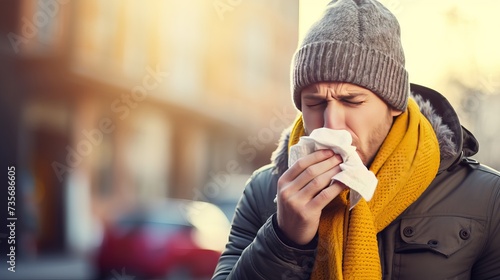 Portrait of sick handsome man wearing grey sweater, yellow hat and spectacles, blowing nose and sneeze into tissue. Male have flu, virus or allergy respiratory. Healthy, medicine and people concept