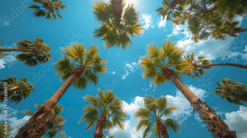 palm trees against the sky, from bellow, sunshine, tall © Jasenko