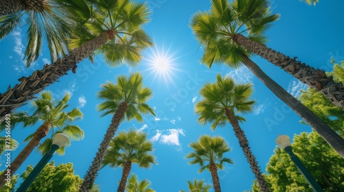 palm trees against the sky, from bellow, sunshine, tall