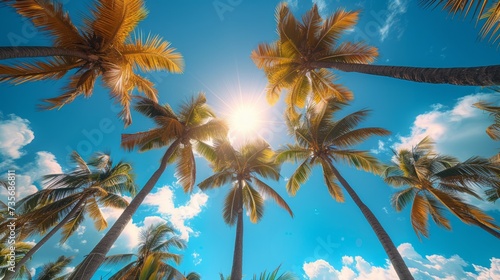 palm trees against the sky  from bellow  sunshine  tall