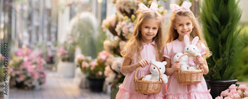 Two little girls holding baskets filled with cute white rabbit stuffed animals, Fictional Character Created By Generated AI.