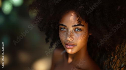 closeup of beautiful mulatto girl  curly hair and green eyes