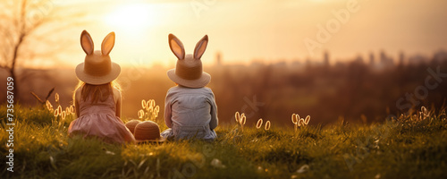 Two adorable bunny-eared girls enjoying the outdoors, Fictional Character Created By Generated AI. photo
