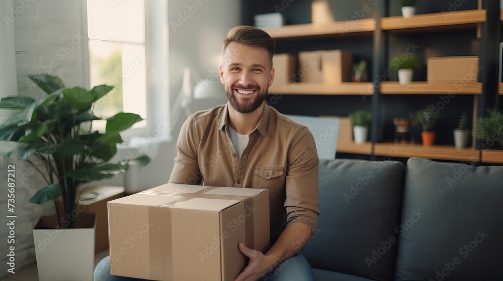 Smiling young man sitting on cozy couch at home, unpacking carton box with long-awaited purchased item. Happy male client satisfied with fast delivery service, unboxing order from internet store Smiling young man sitting on cozy couch at home, unpacking carton box with long-awaited purchased item. Happy male client satisfied with fast delivery service, unboxing order from internet store