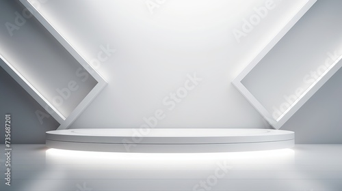 Soft light white abstract stage in elegant futuristic geometric style with simple lines and corners, polygons as background with white wood shelf for advertisement, presentation products, design