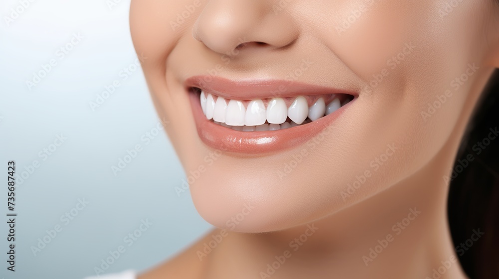Obraz premium Teeth health concept. Cropped photo of smiling woman mouth under treatment at dental clinic, panorama