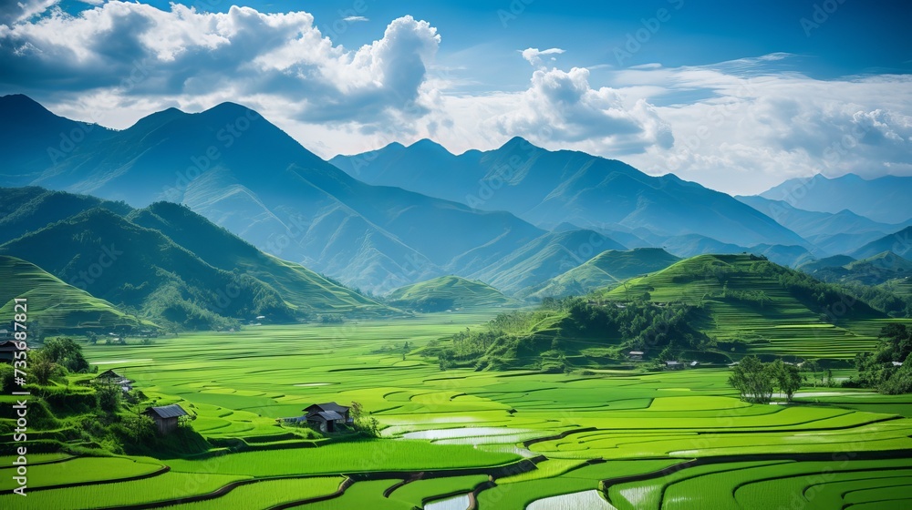 Fototapeta premium Tropical rural landscape with beautiful rice fields and mountains