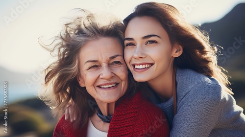 Two smiling women of different ages looking at different side holding hand closeup portrait. Young girl cuddling snuggling mom.  Relation between parent and adult kid photo