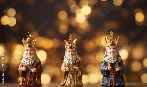 Happy Epiphany day. Three kings on golden bokeh background