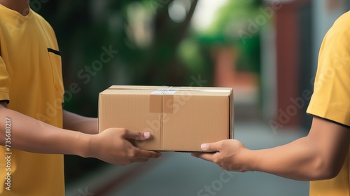 Woman hand accepting a delivery boxes of paper containers from deliveryman,Delivery concept