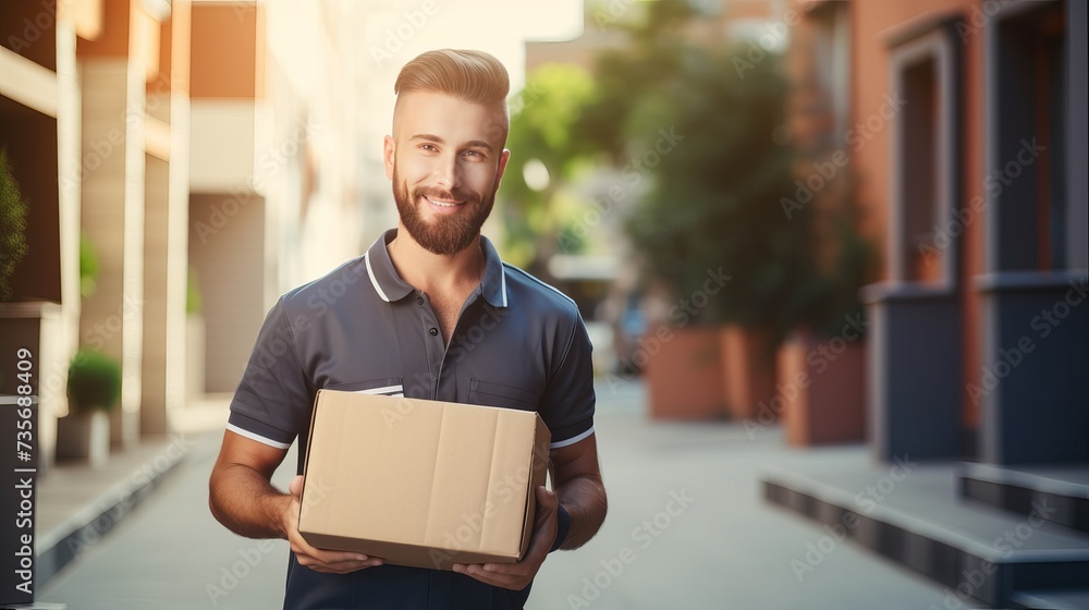 Young hispanic man courier giving package at street Young hispanic man courier giving package at street