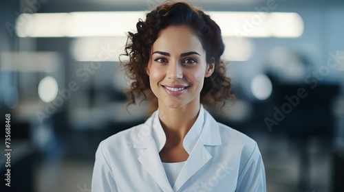 Young hispanic woman wearing scientist uniform with arms crossed gesture at laboratory