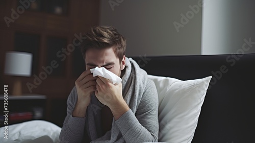Young ill man lying in bed at home