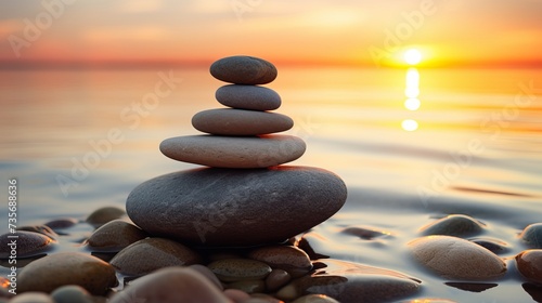 Zen concept. The object of the stones on the beach at sunset. Harmony   Meditation. Zen stones