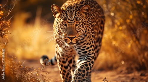 Africa wildlife. Leopard, Panthera pardus shortidgei, nature habitat, big wild cat in the nature habitat, sunny day on the savannah, Okavango delta Botswana. Wildlife nature