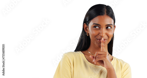 Woman, thinking and hand on lips for secret to whisper in transparent, isolated or png background. Happy, girl or person gesture to shush for privacy of drama, news and smile for gossip story or idea photo