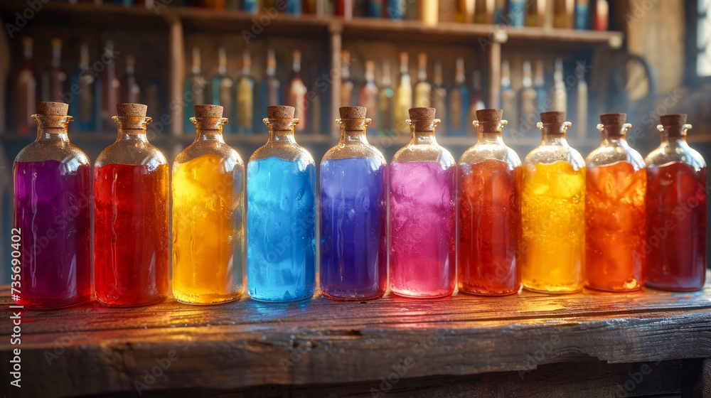 Colorful magic potion in bottles on a wooden shelf in a laboratory Colorful magic potion in bottles on a wooden shelf in a laboratory