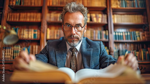 Portrait of an old man judge or lawyer in the library. Law and justice concept photo