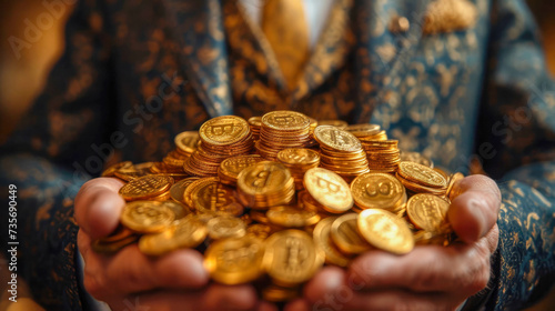 A man in a blue suit holds a handful of gold coins.