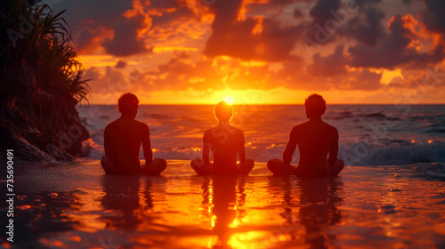 Silhouette of three men sitting on the beach at sunset