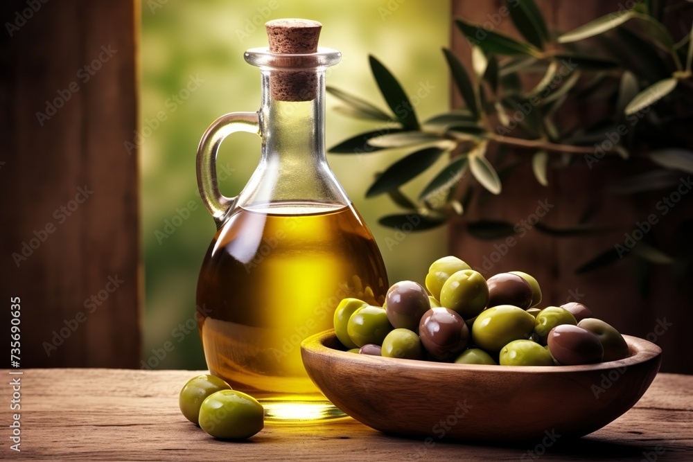 Fresh olives in a bowl with a bottle of extra virgin olive oil against olive trees in the background.
Fresh olives in a bowl with a bottle of extra virgin olive oil against olive trees in the background.