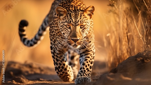 Botswana wildlife. Leopard, Panthera pardus shortidgei, grass walk nature habitat, big wild cat in the nature habitat, sunny day on the savannah, Okavango delta Botswana. Wildlife nature, Africa photo