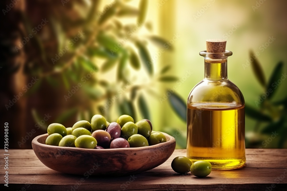 Fresh olives in a bowl with a bottle of extra virgin olive oil against olive trees in the background.
Fresh olives in a bowl with a bottle of extra virgin olive oil against olive trees in the background.