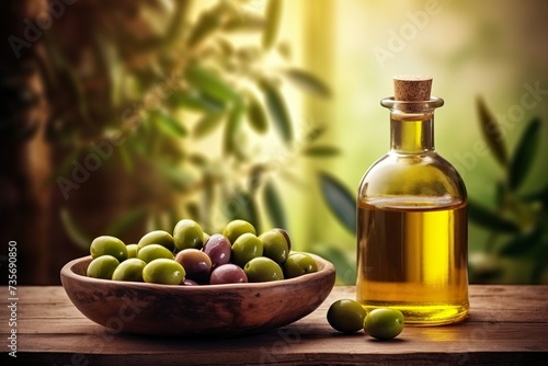 Fresh olives in a bowl with a bottle of extra virgin olive oil against olive trees in the background.
