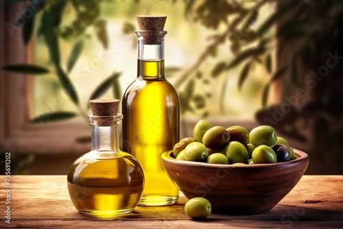 Fresh olives in a bowl with a bottle of extra virgin olive oil against olive trees in the background.
